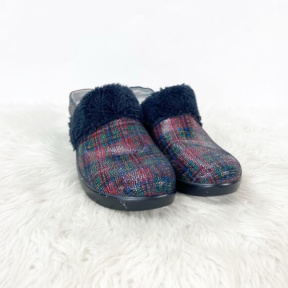 Alegria 40 EU 10 US Womens Black Isabelle Tartan Plaid Leather Fur Mules Clog - Picture 2 of 14